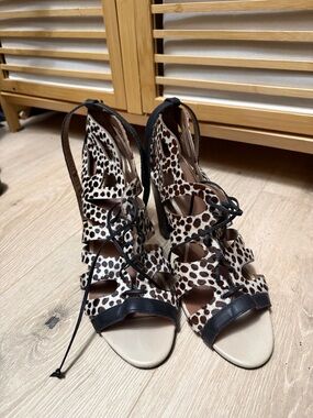 Leopard Print Lace-Up Heeled Sandals - Brown/Black
